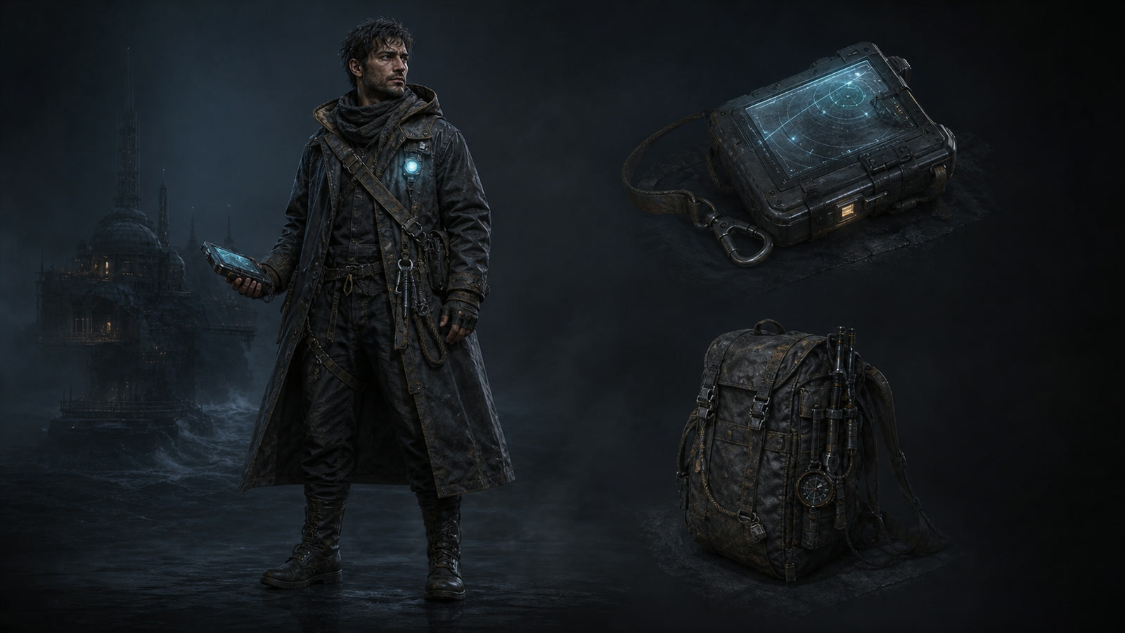 Project Lumen character study with survival equipment and a navigation device