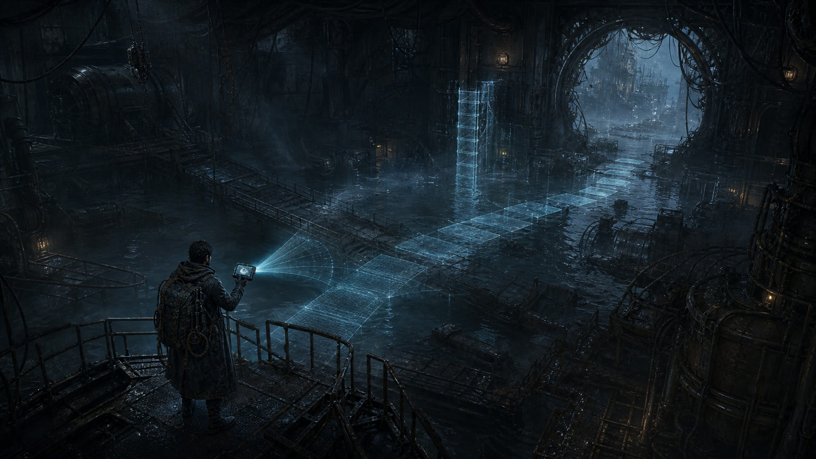 Project Lumen gameplay concept showing a flooded station mapped with light.