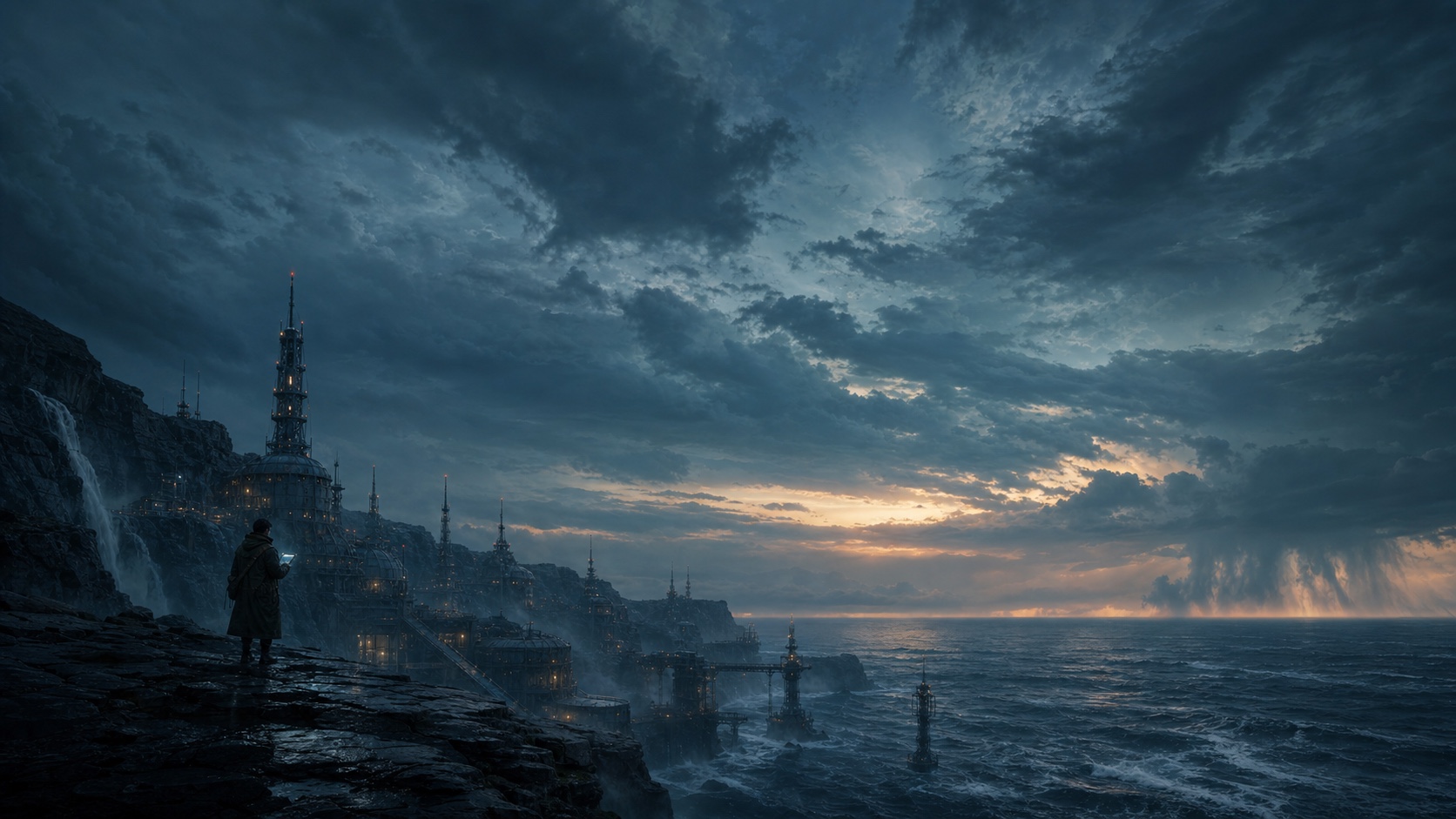 A cinematic Project Lumen skydome colour study with a lone navigator overlooking a drowned research station